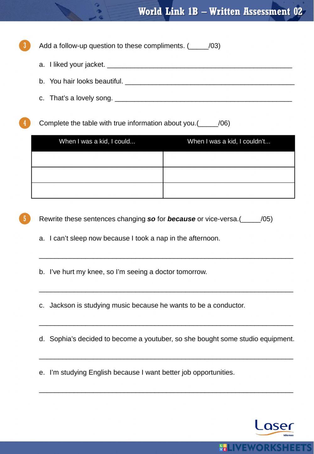 World Link 1 - Part B - Evaluation Exercises for Units 10 to 12