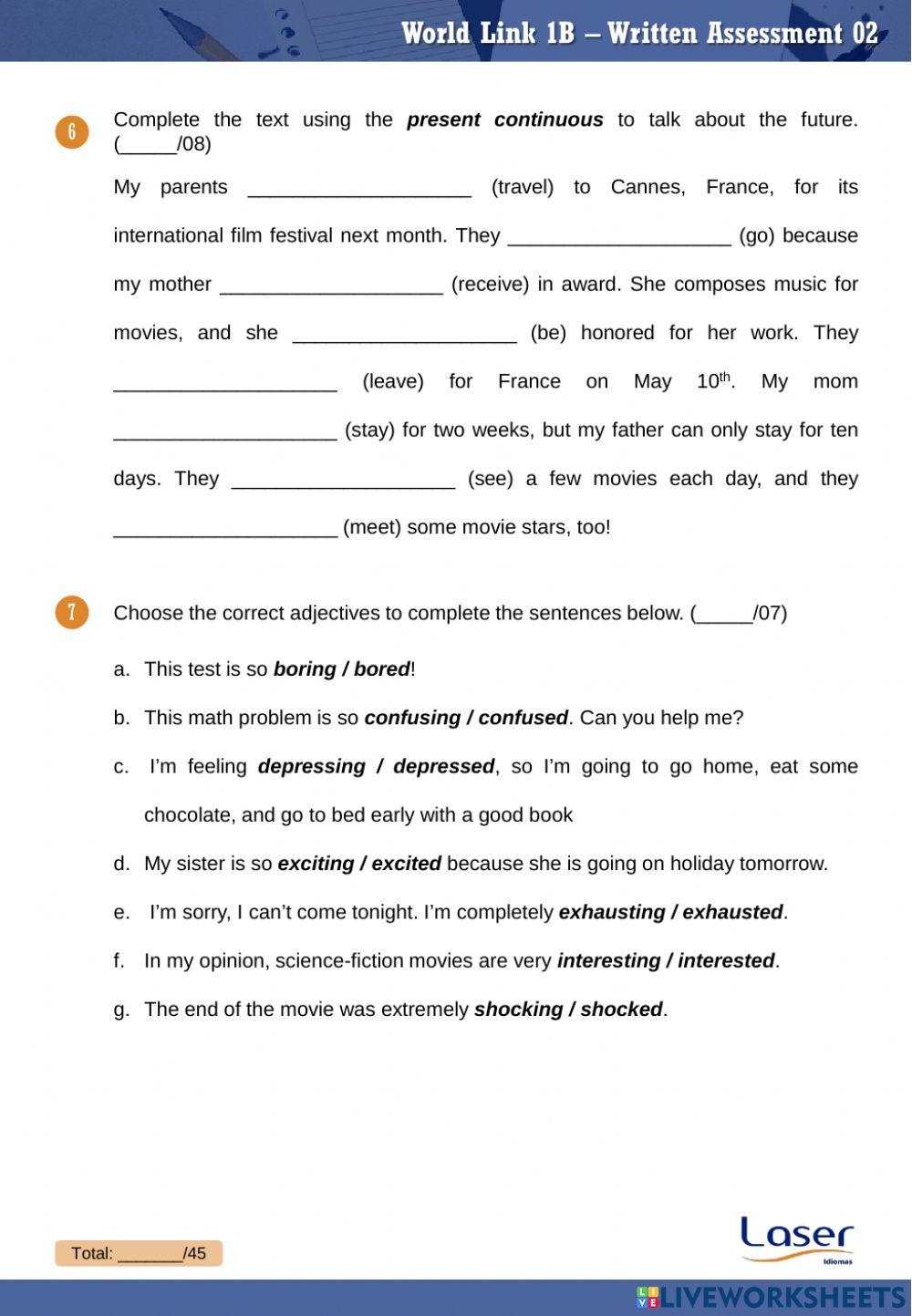 World Link 1 - Part B - Evaluation Exercises for Units 10 to 12