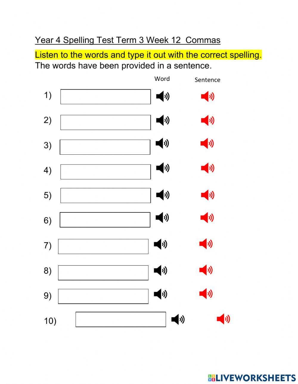 DIS Spelling Test Term 3 Week 12 Commas