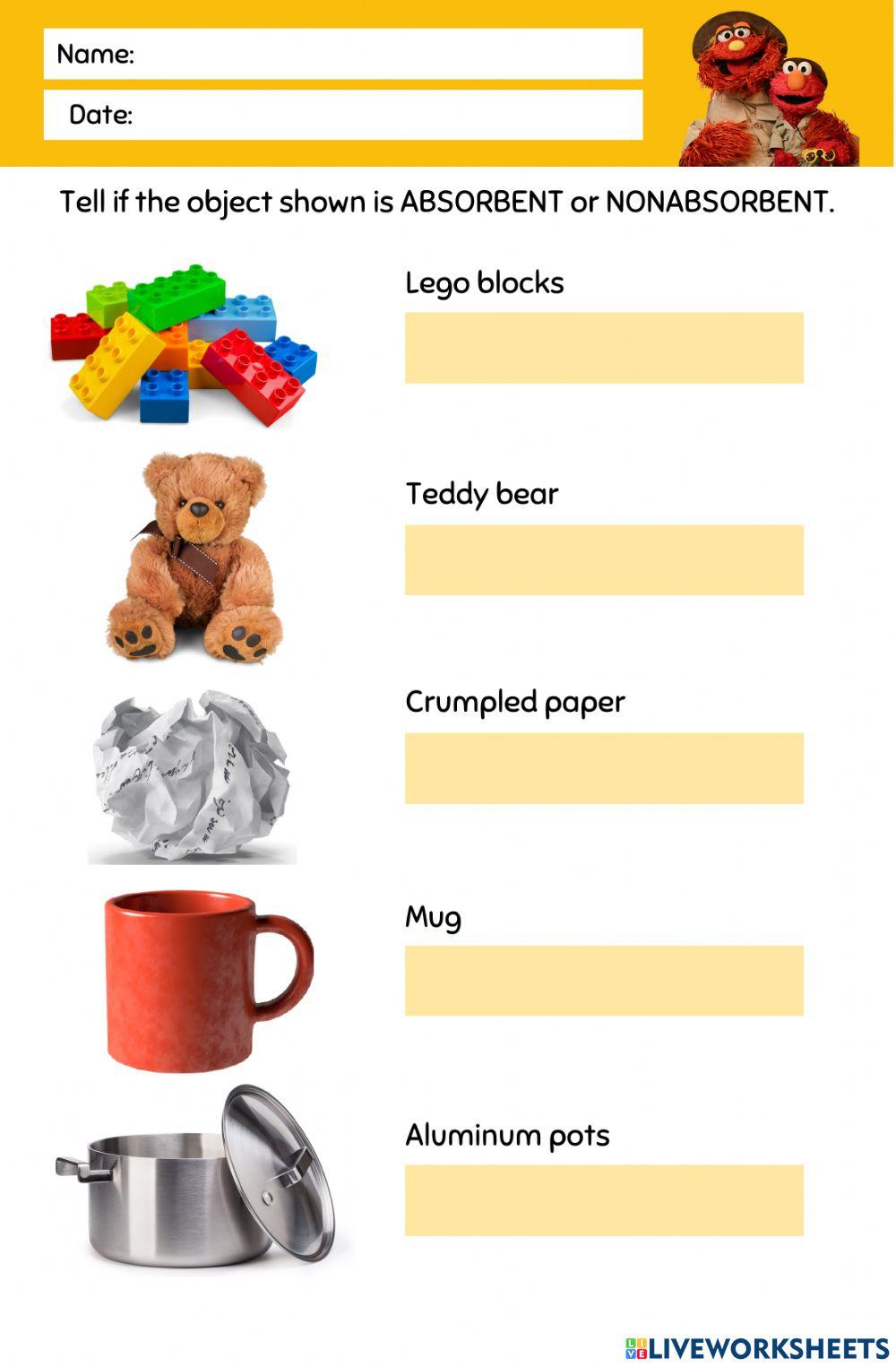 Absorbent and Nonabsorbent Worksheet