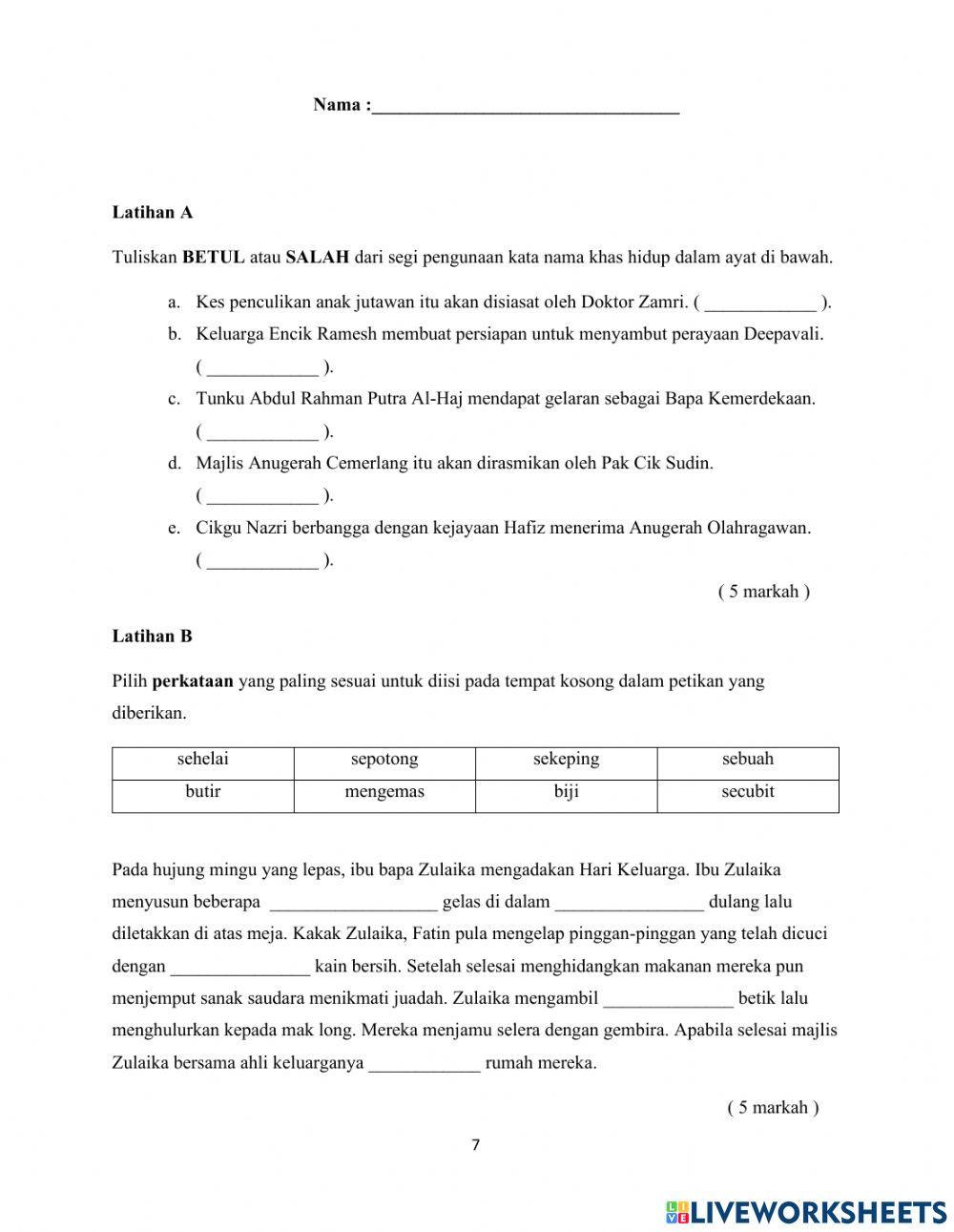 Latihan BM 1 interactive worksheet | Live Worksheets