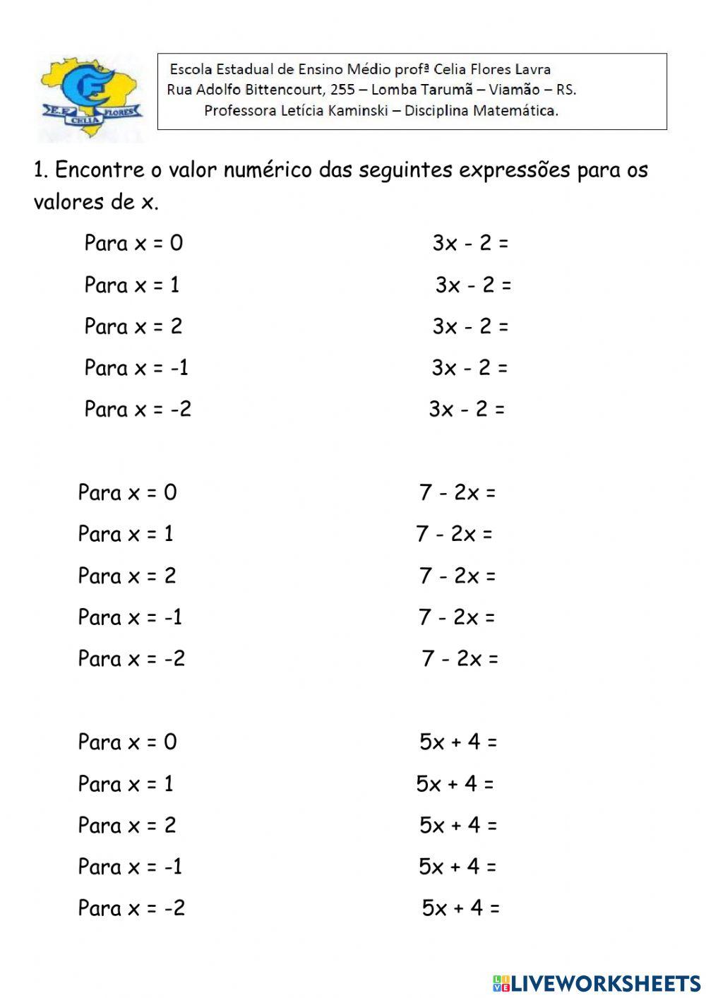 Valor Numérico de uma expressão Algébrica.
