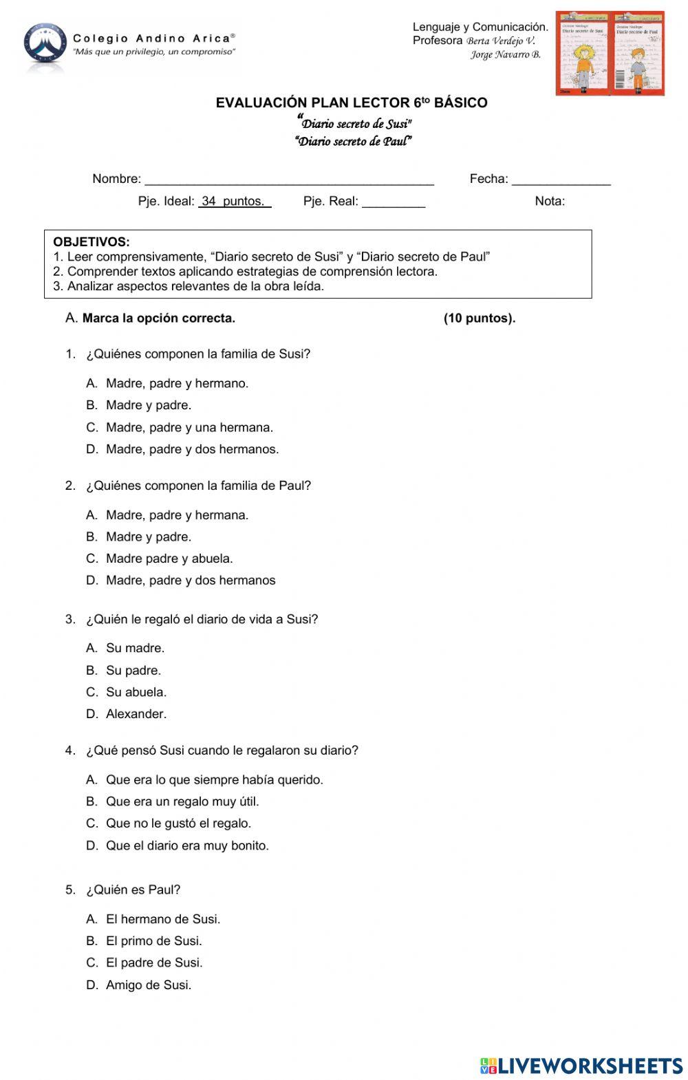 Evaluación  Plan Lector: Diario secreto de Susi, diario secreto de Paul