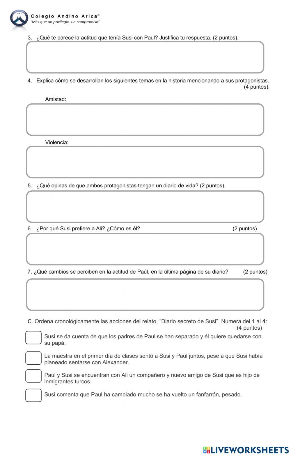 Evaluación  Plan Lector: Diario secreto de Susi, diario secreto de Paul