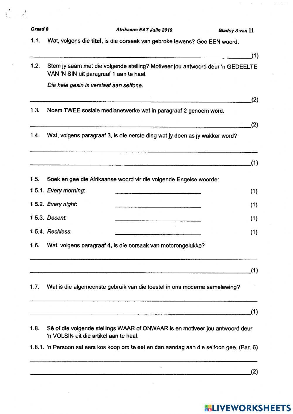 Grade 8 2019 Afrikaans paper part1 online exercise for Live Worksheets