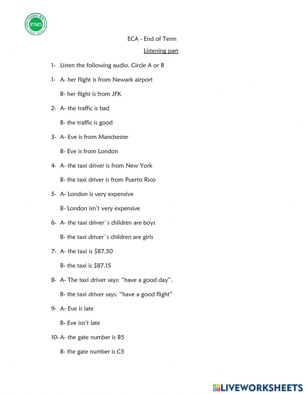 Test online exercise for elementary Live Worksheets