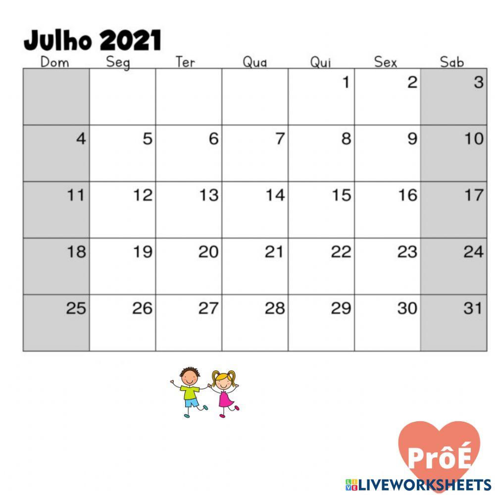 Calendário de julho worksheet