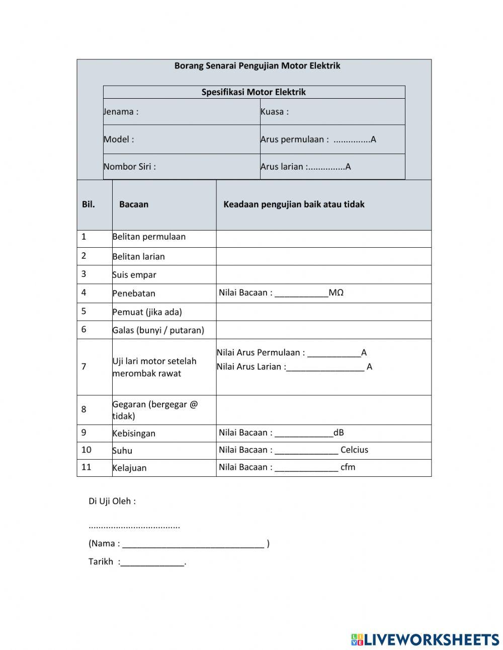 Borang Mengesan Kerosakan Motor Elektrik