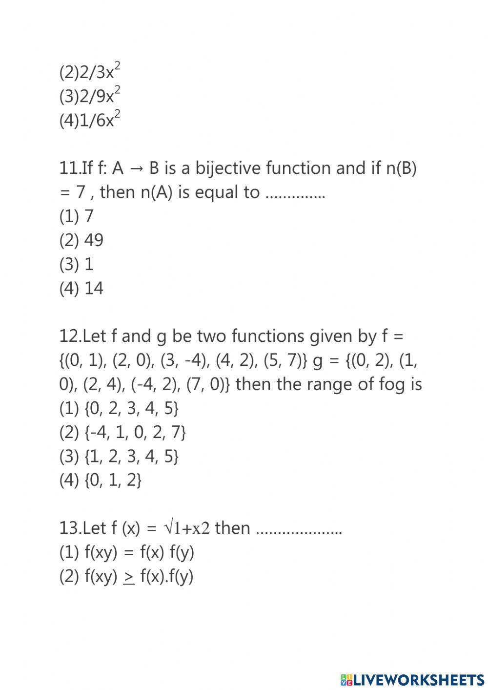 RELATIONS AND FUNCTIONS worksheet for 10 Live Worksheets