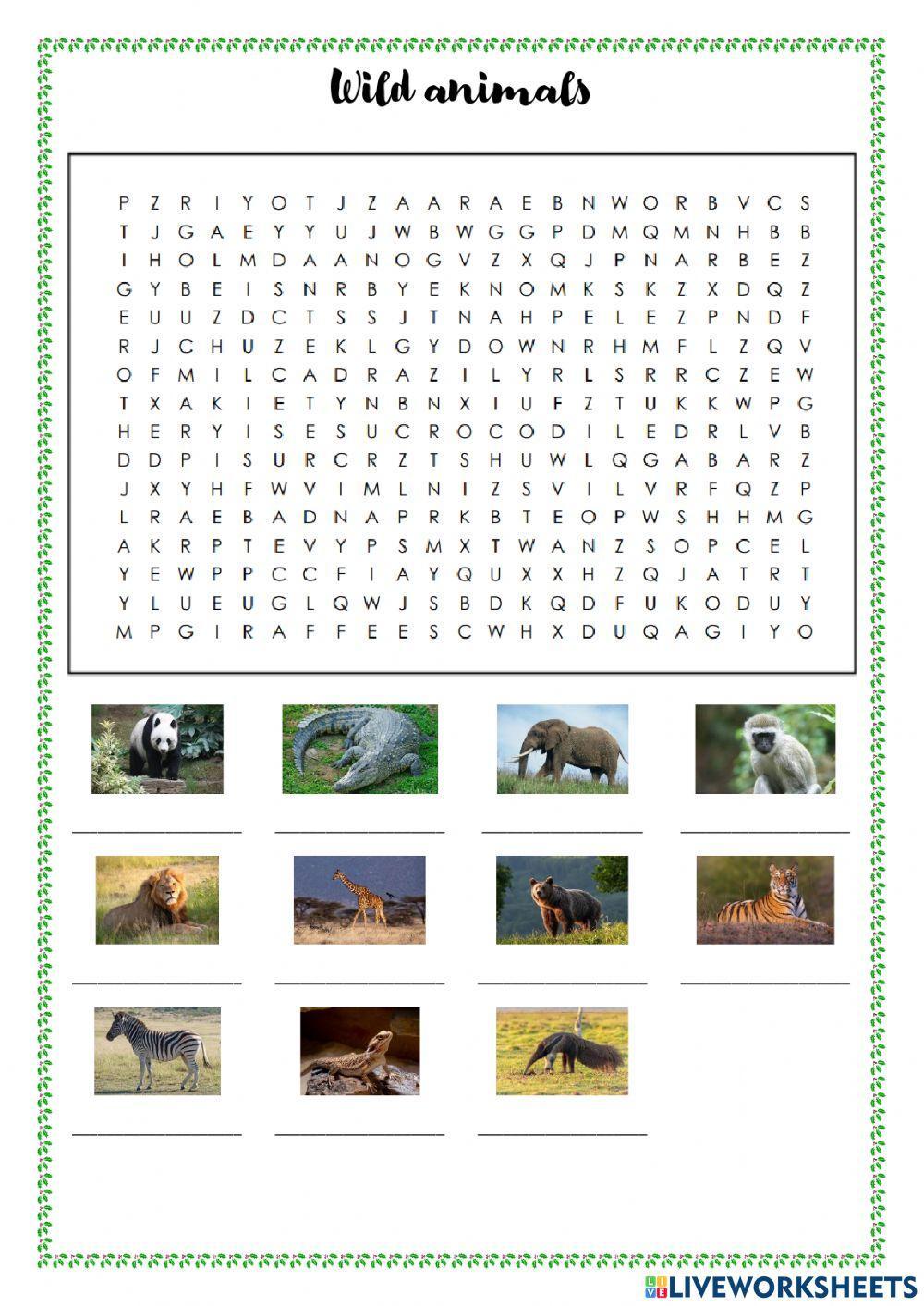 Wild animals - wordsearch & crosswords