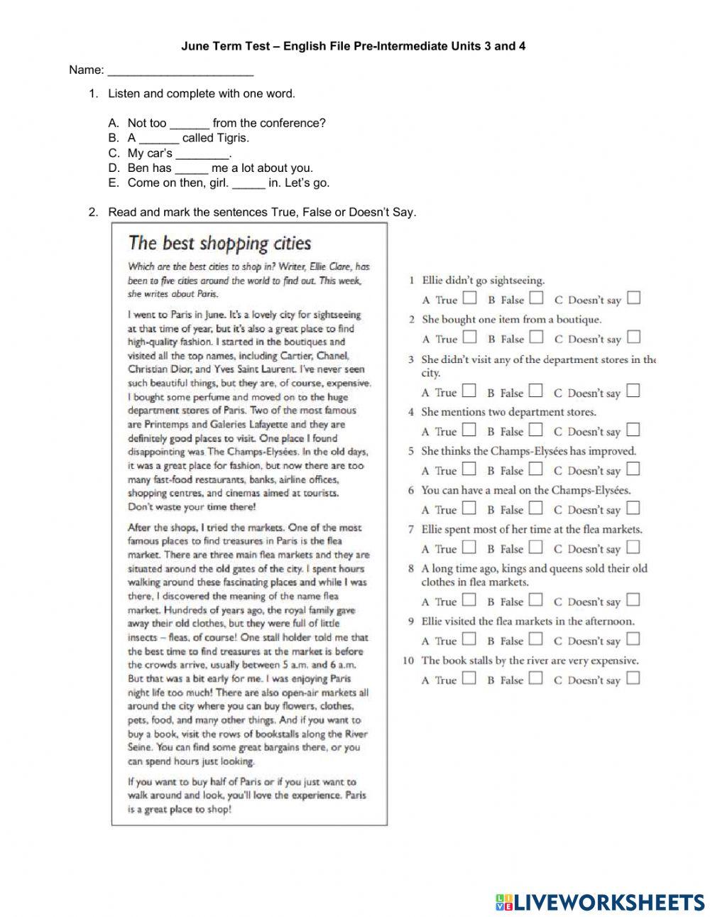 Pre Int Units 3 and 4