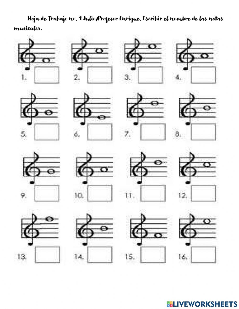 Hoja de trabajo sobre notas en el pentagrama