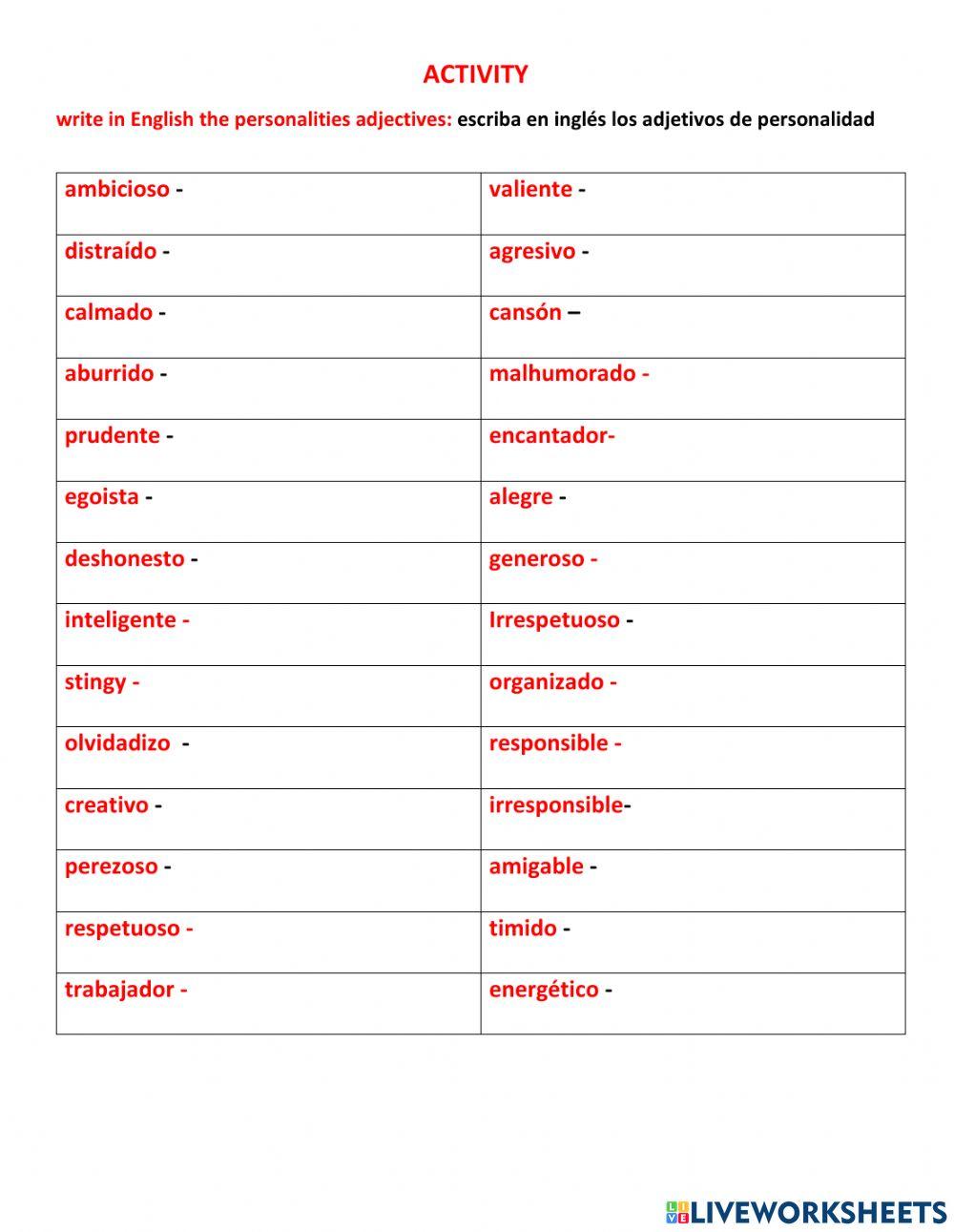 Personalities adjectives