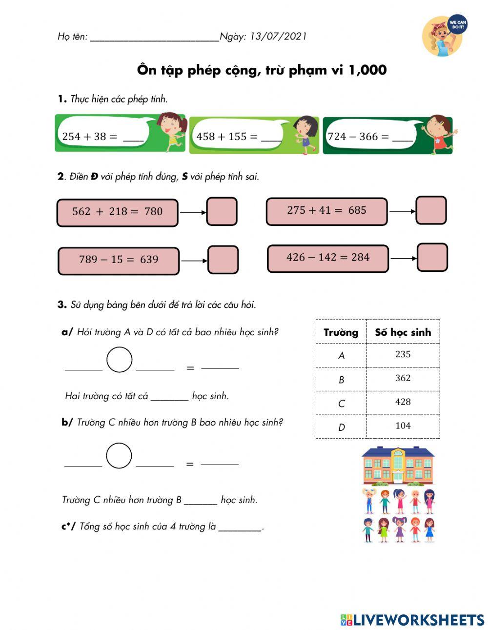 Ôn tập cộng, trừ trong phạm vi 1000