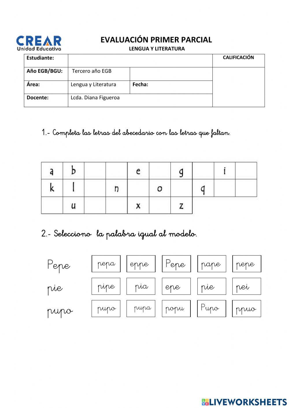 Evaluacion de Tercero de Basica