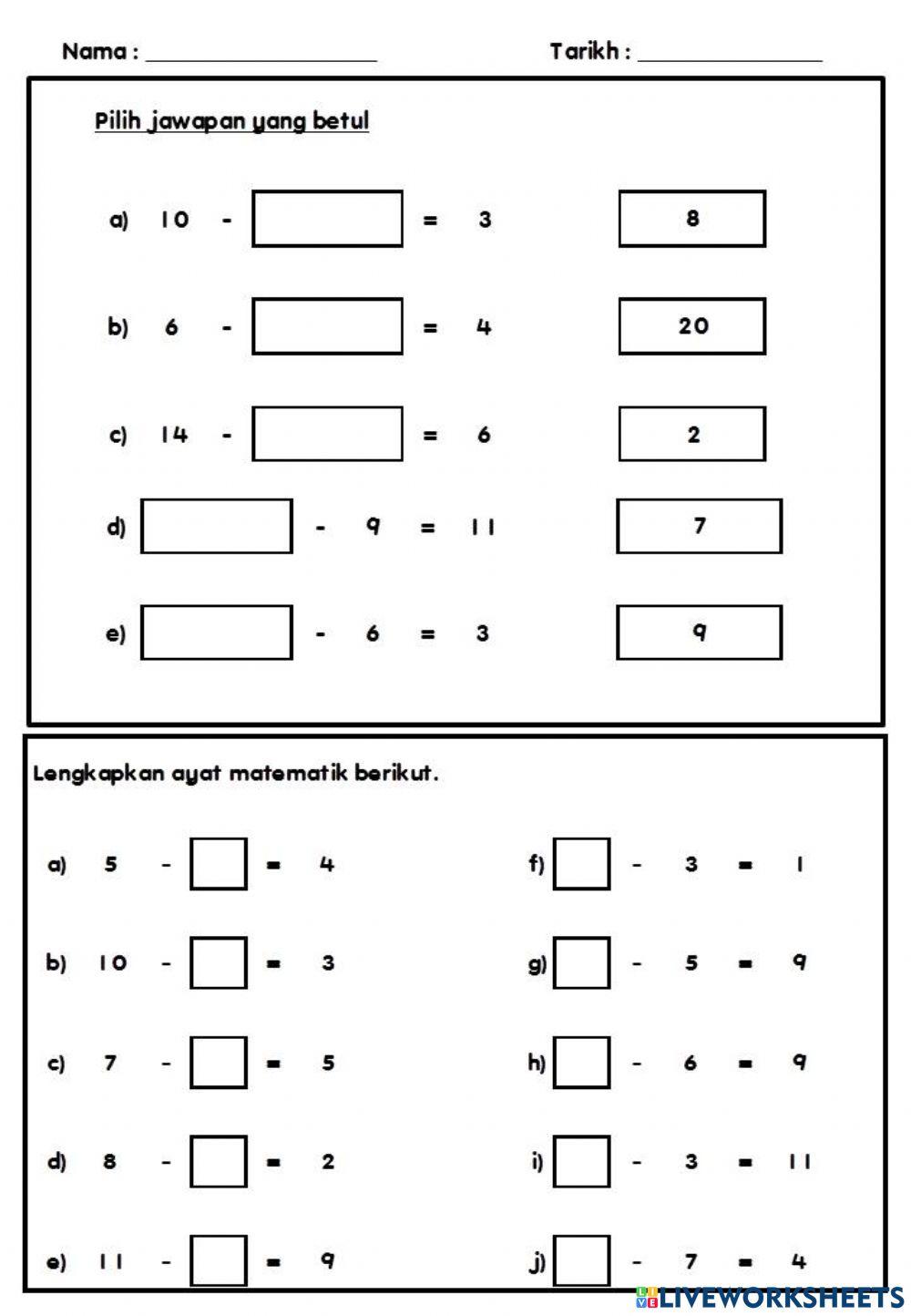 Lengkapkan ayat matematik tolak