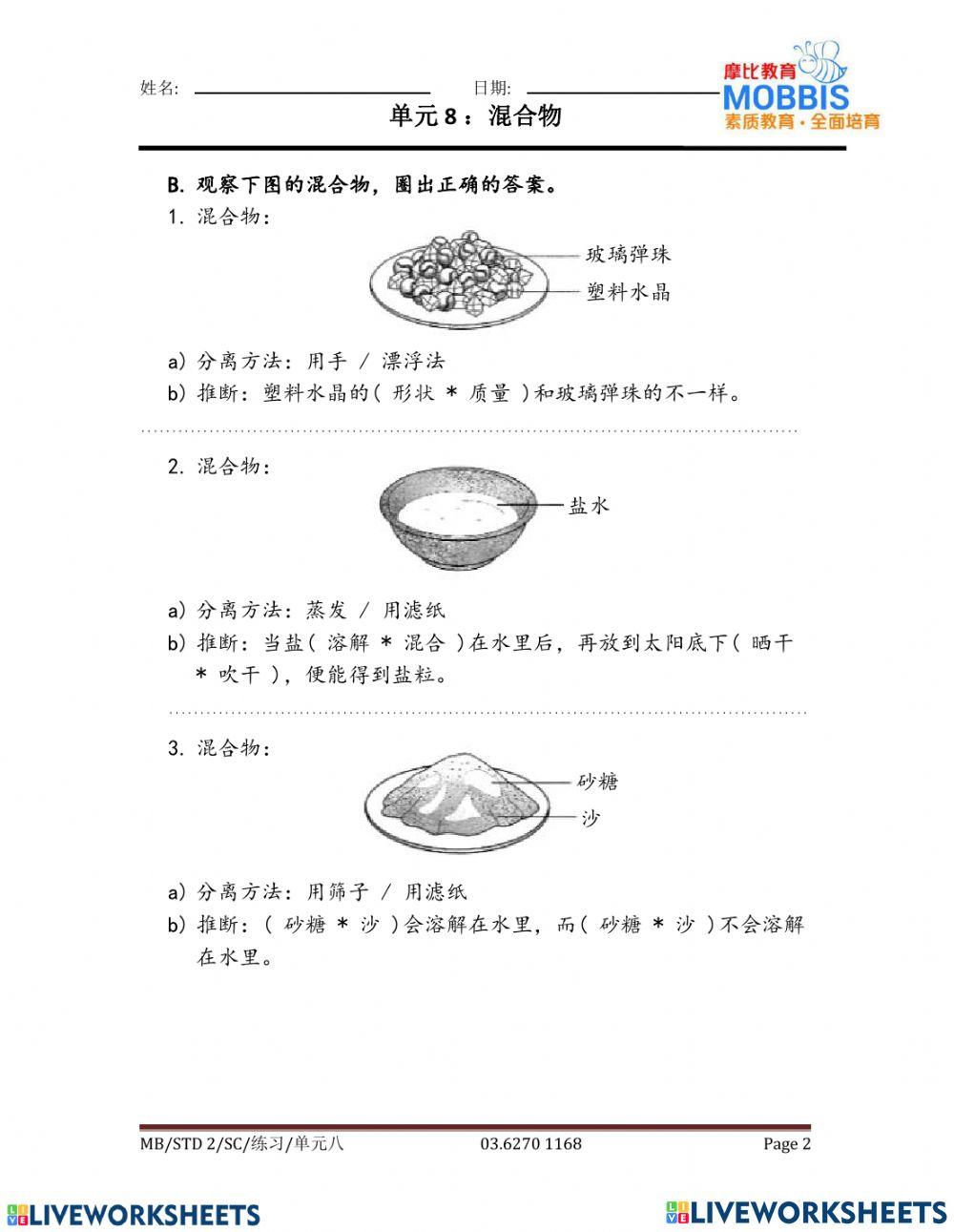 二年级科学单元八 练习2