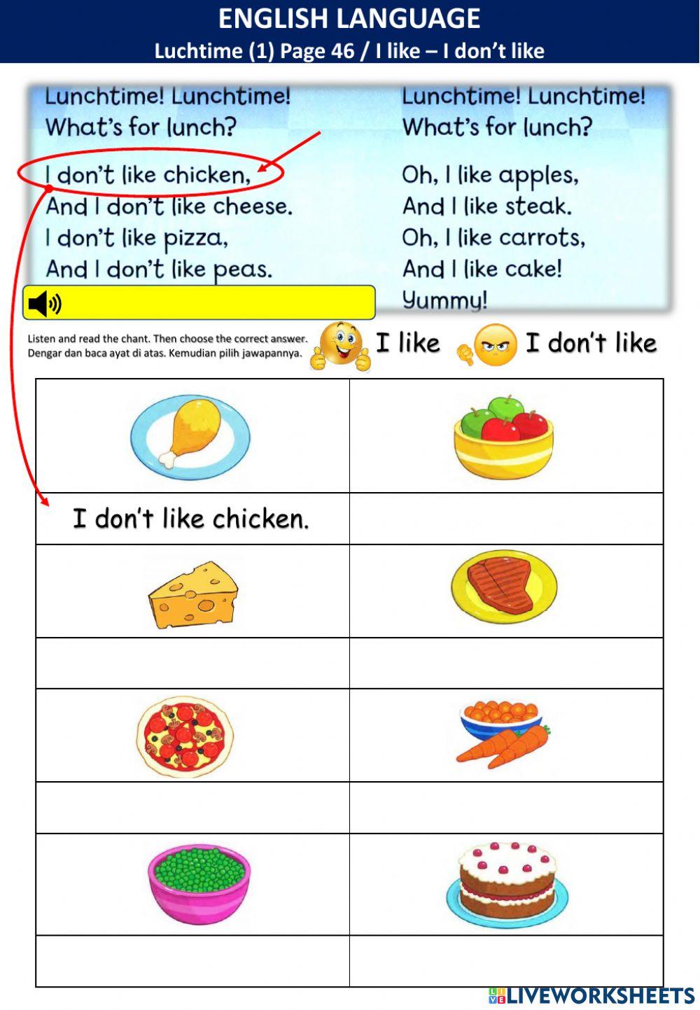 Lunchtime (1) - Food vocabulary - I like - I don't like