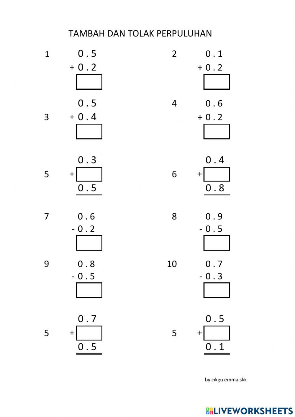 Latihan matematik thn 3 tambah dan tolak perpuluhan