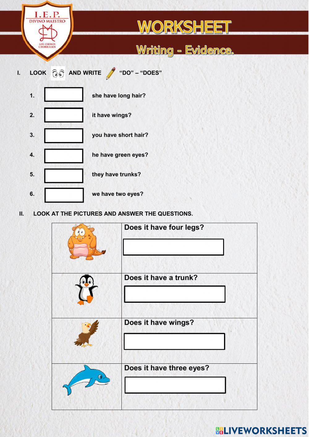 Writing evidence do - does worksheet | Live Worksheets