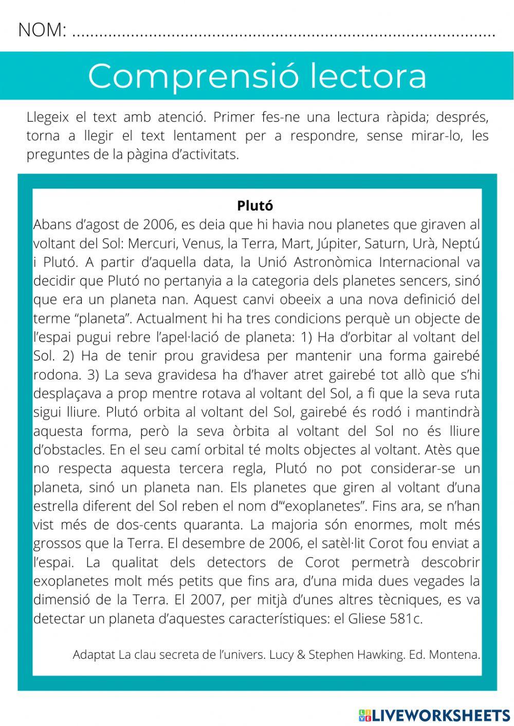 Comprensió lectora - Plutó