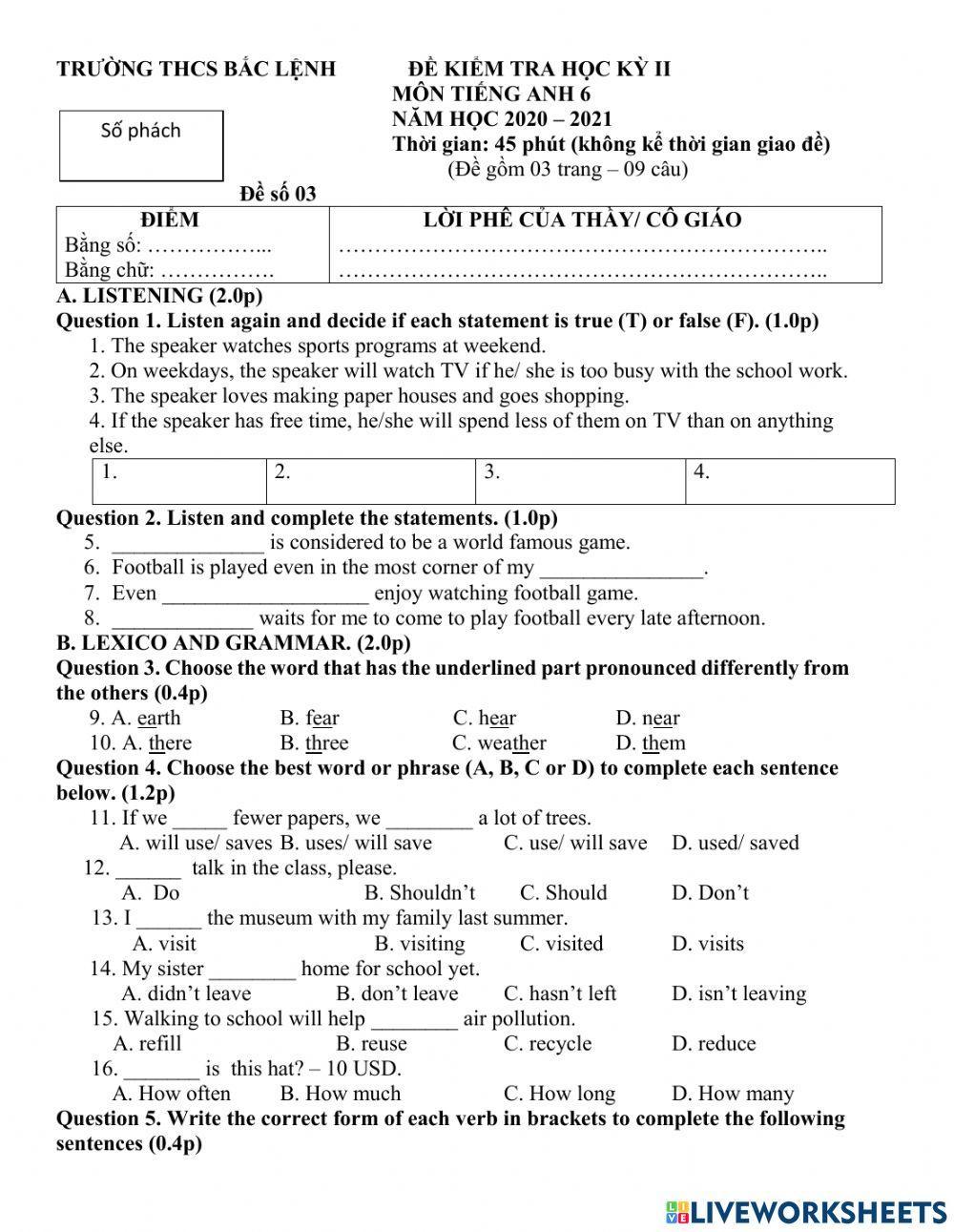 Final exam term 2 for grade 6
