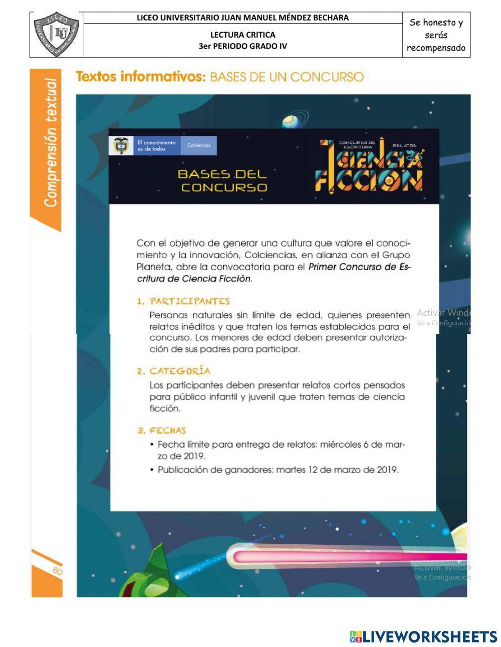 Comprensión lectora grado 4 ejercicio 1