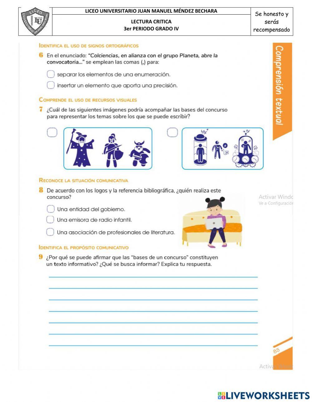 Comprensión lectora grado 4 ejercicio 1