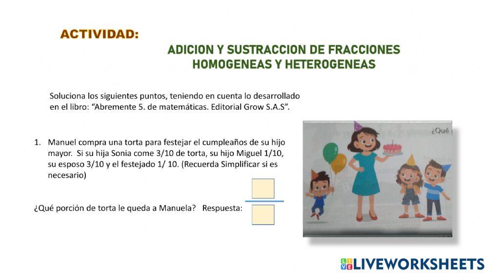 Taller de adicion y sustracción de fracciones