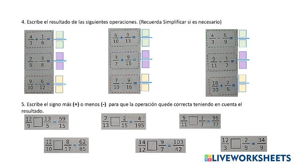 Taller de adicion y sustracción de fracciones