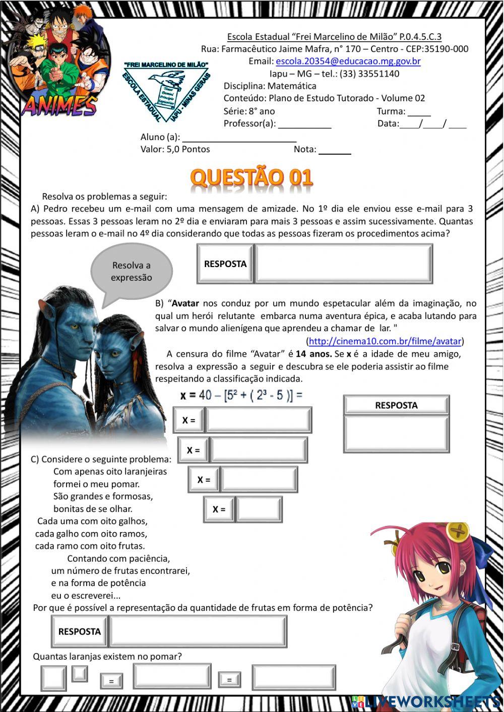 Avaliação de matemática - encerramento pet 2