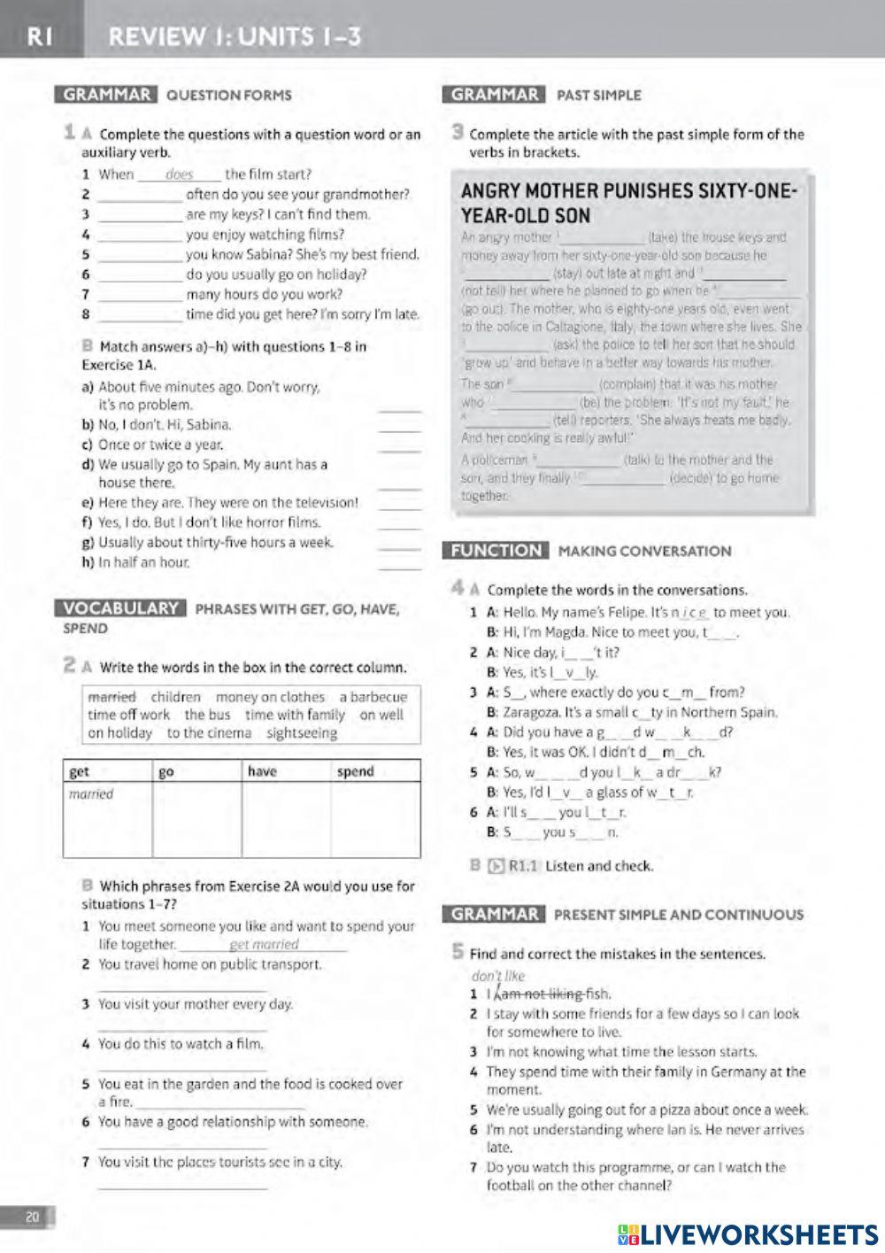 Speak out Pre Intermediate Revision units 1 to 3