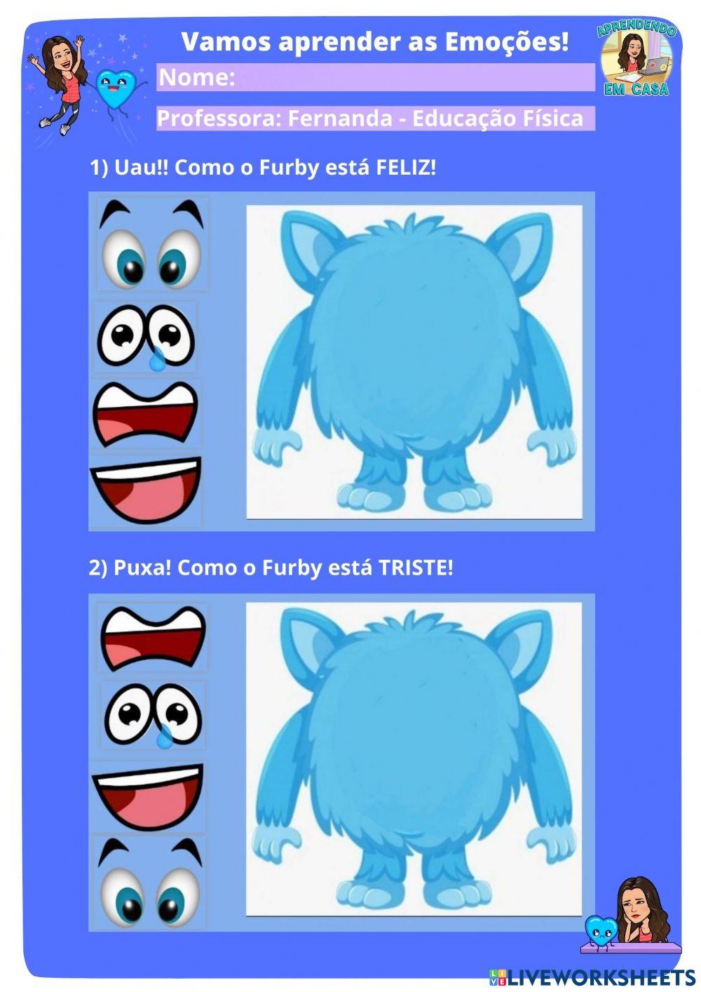 Arraste as partes para completar o Furby, de acordo com suas emoções.