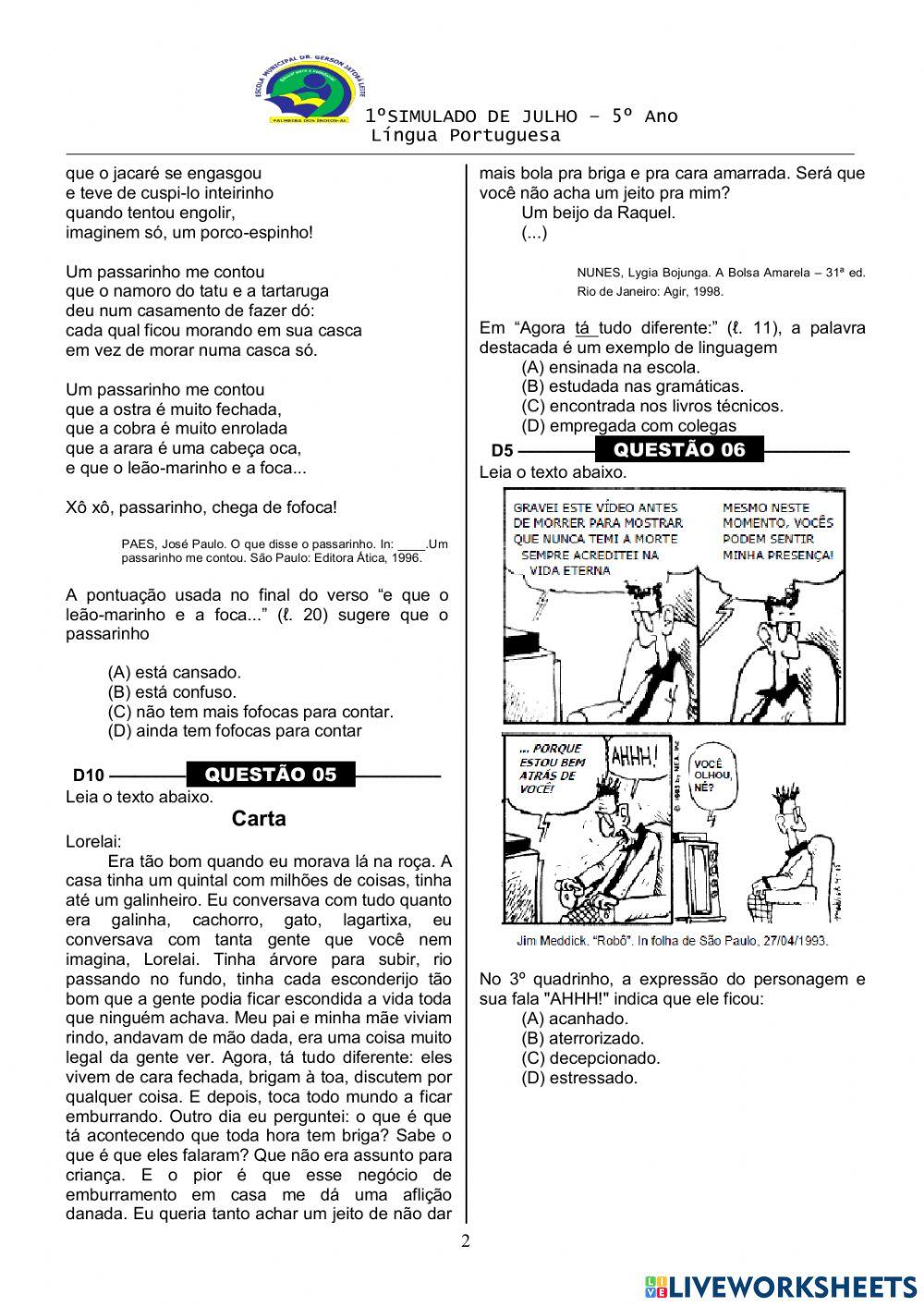Simulado de PORTUGUÊS- JULHO