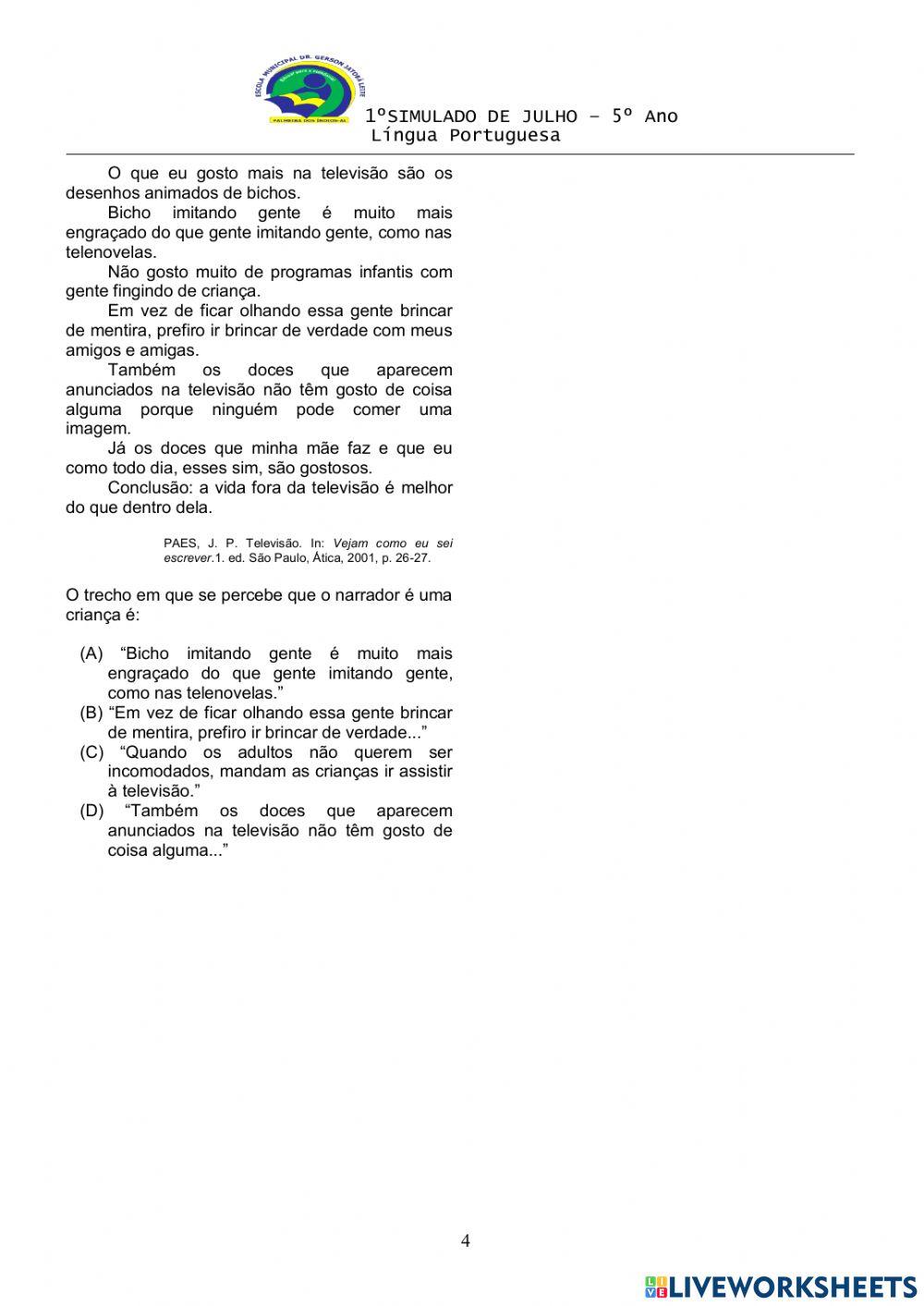 Simulado de PORTUGUÊS- JULHO