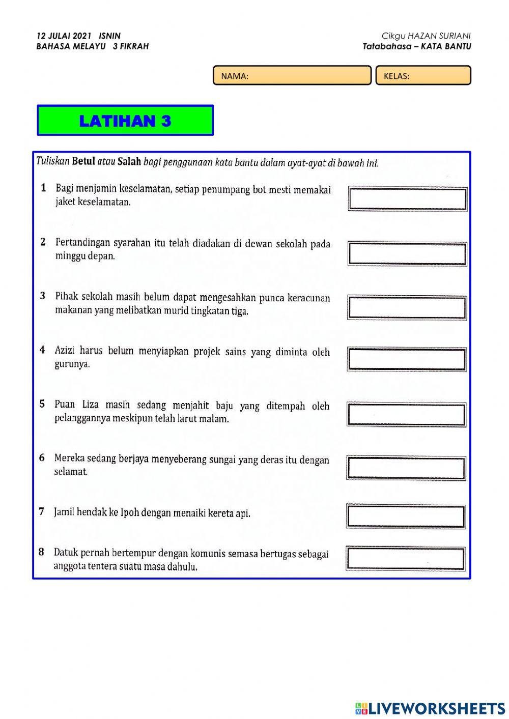 Latihan 3 KATA BANTU Isnin 12 JULAI 2021
