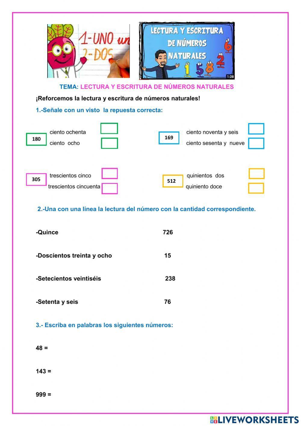 Lectura y escritura de números naturales hasta 999