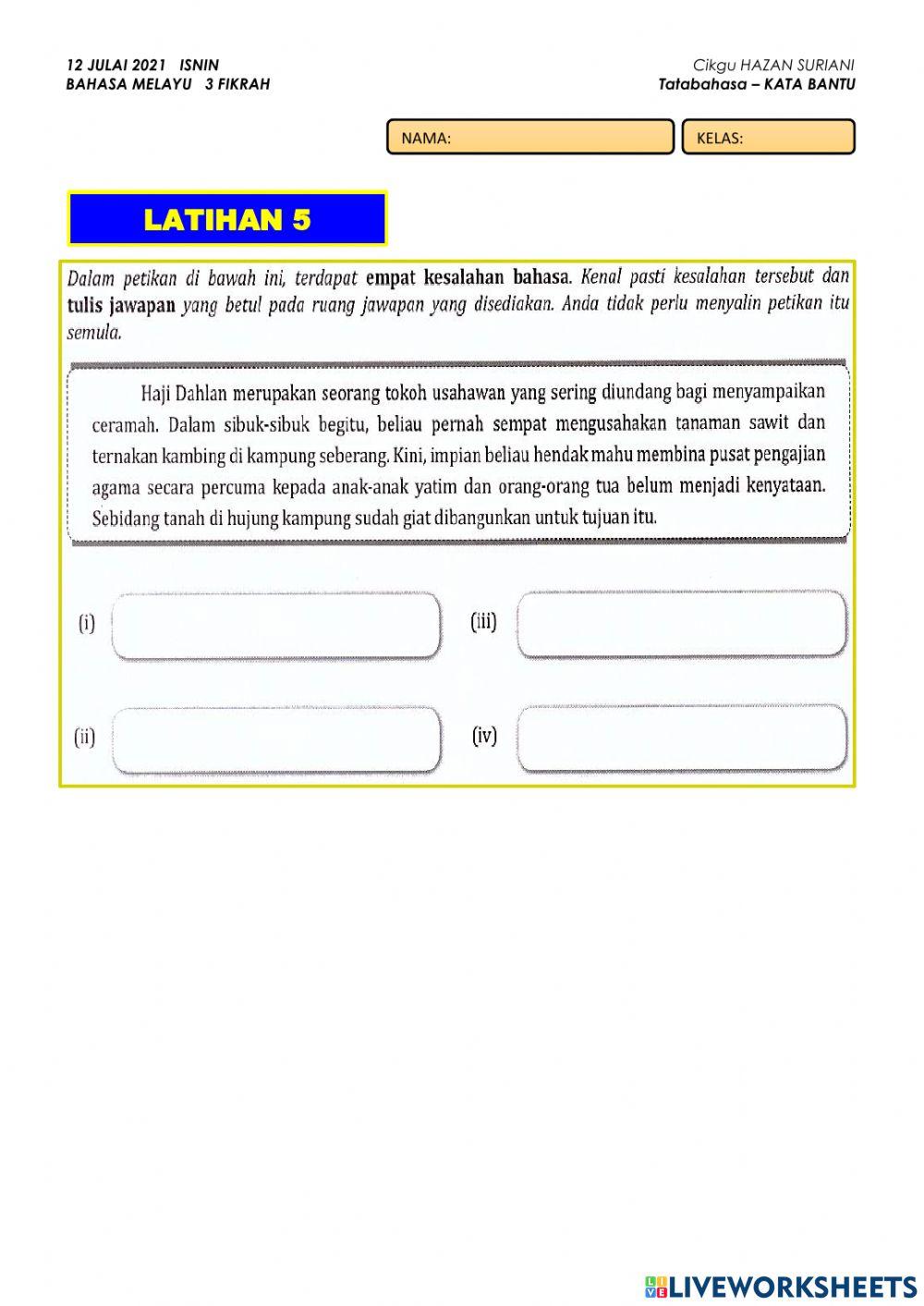 Latihan 5 KATA BANTU Isnin 12 JULAI 2021