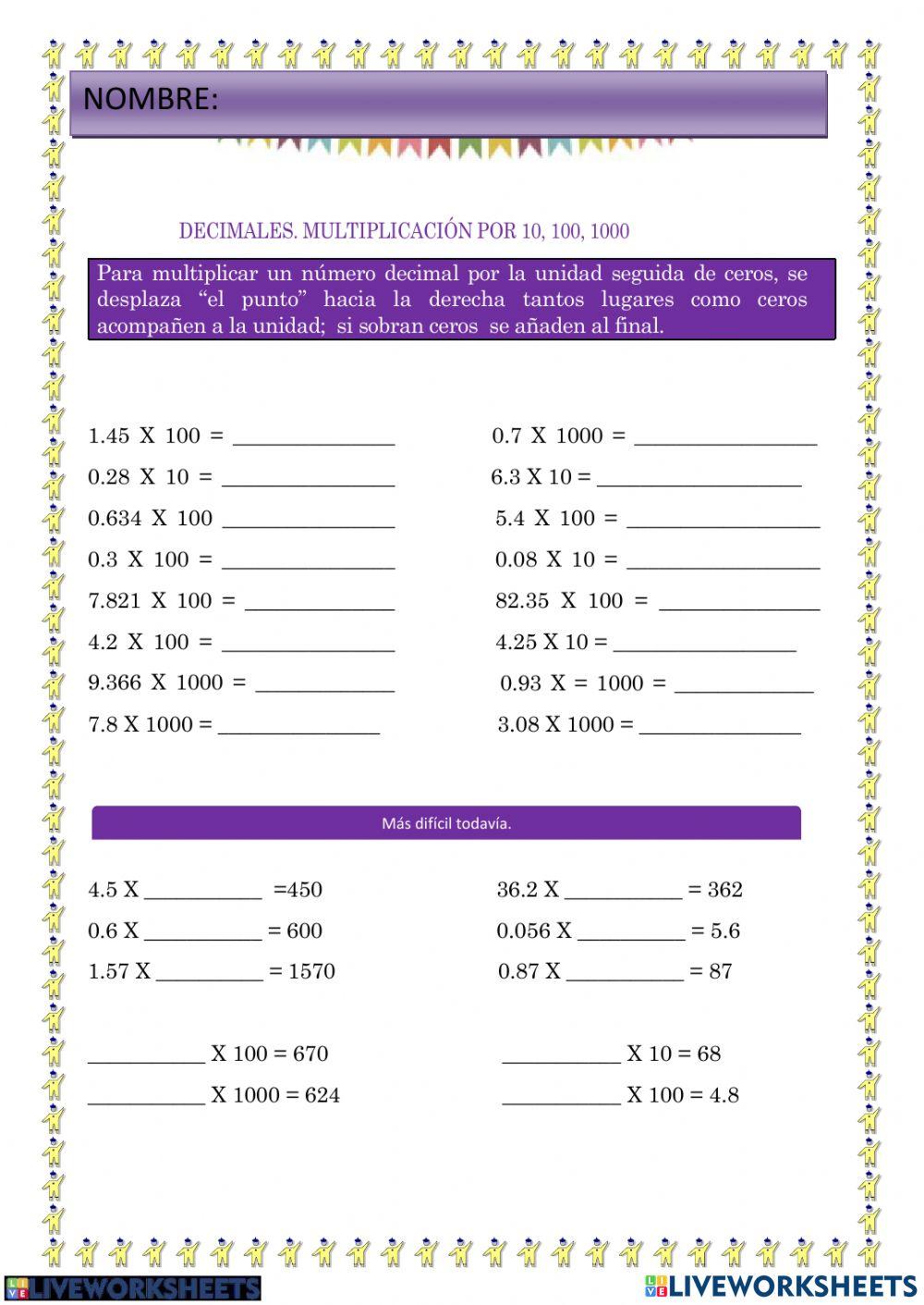 Multiplicacion de decimales por la unidad seguida de ceros