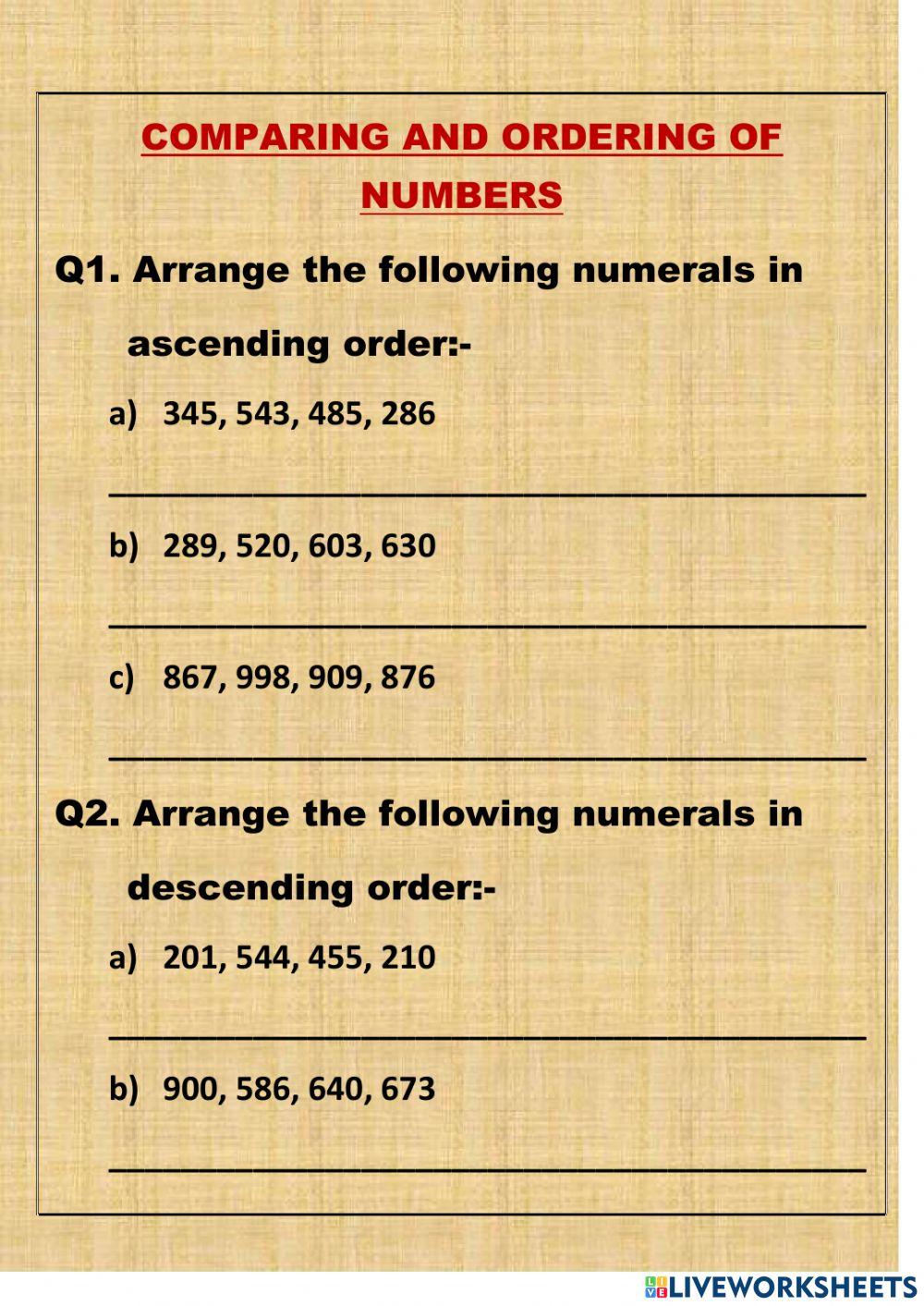 Ordering & comparing worksheet | Live Worksheets