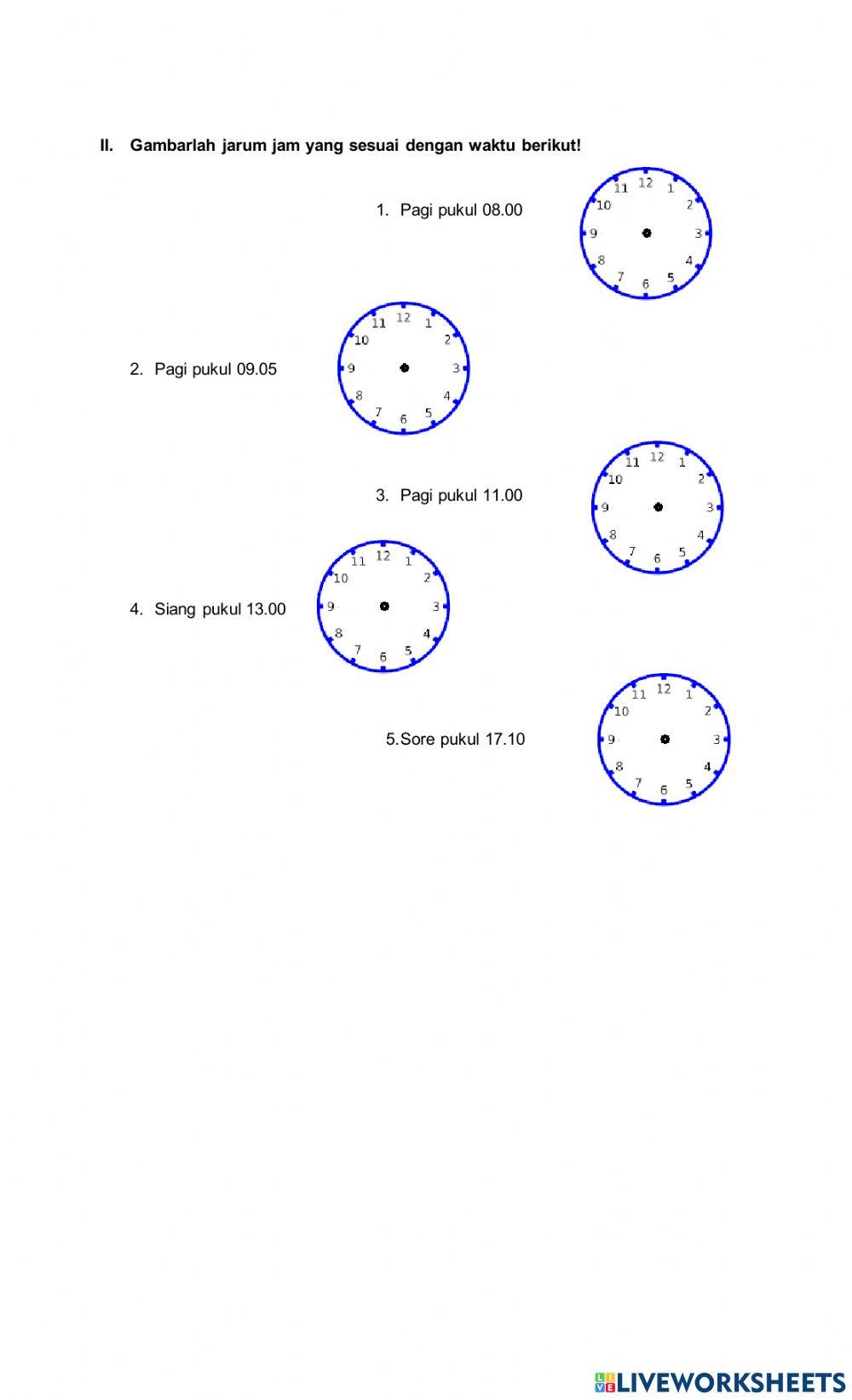 Membaca jam dengan interval 5 menit worksheet | Live Worksheets