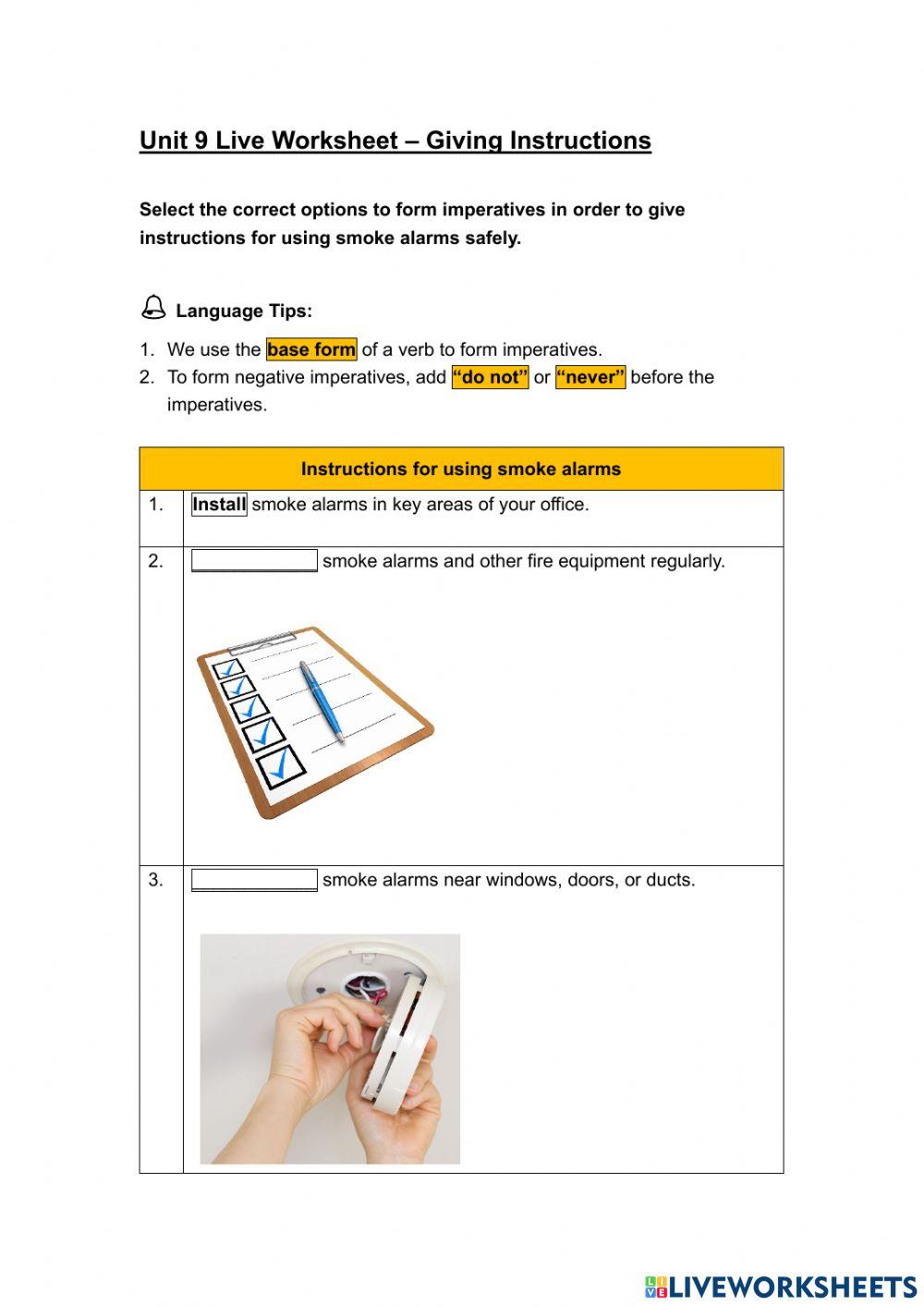 Unit 9 Live Worksheet 1 - Giving Instructions