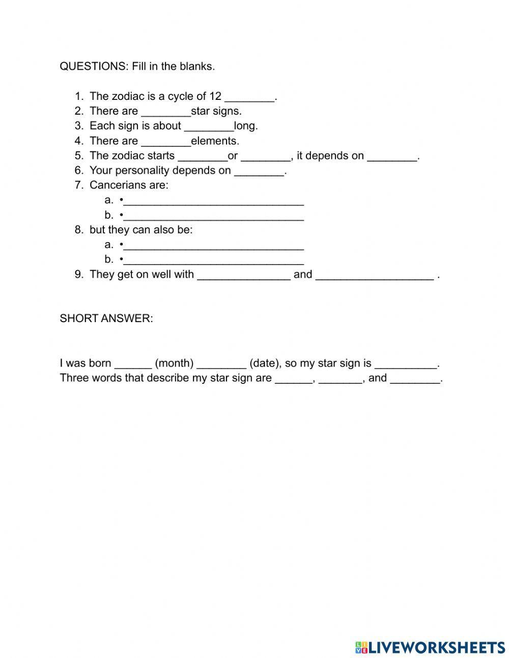 Worksheet: Western Astrology