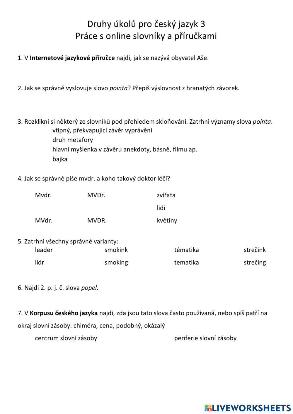 Druhy úkolů pro český jazyk 3