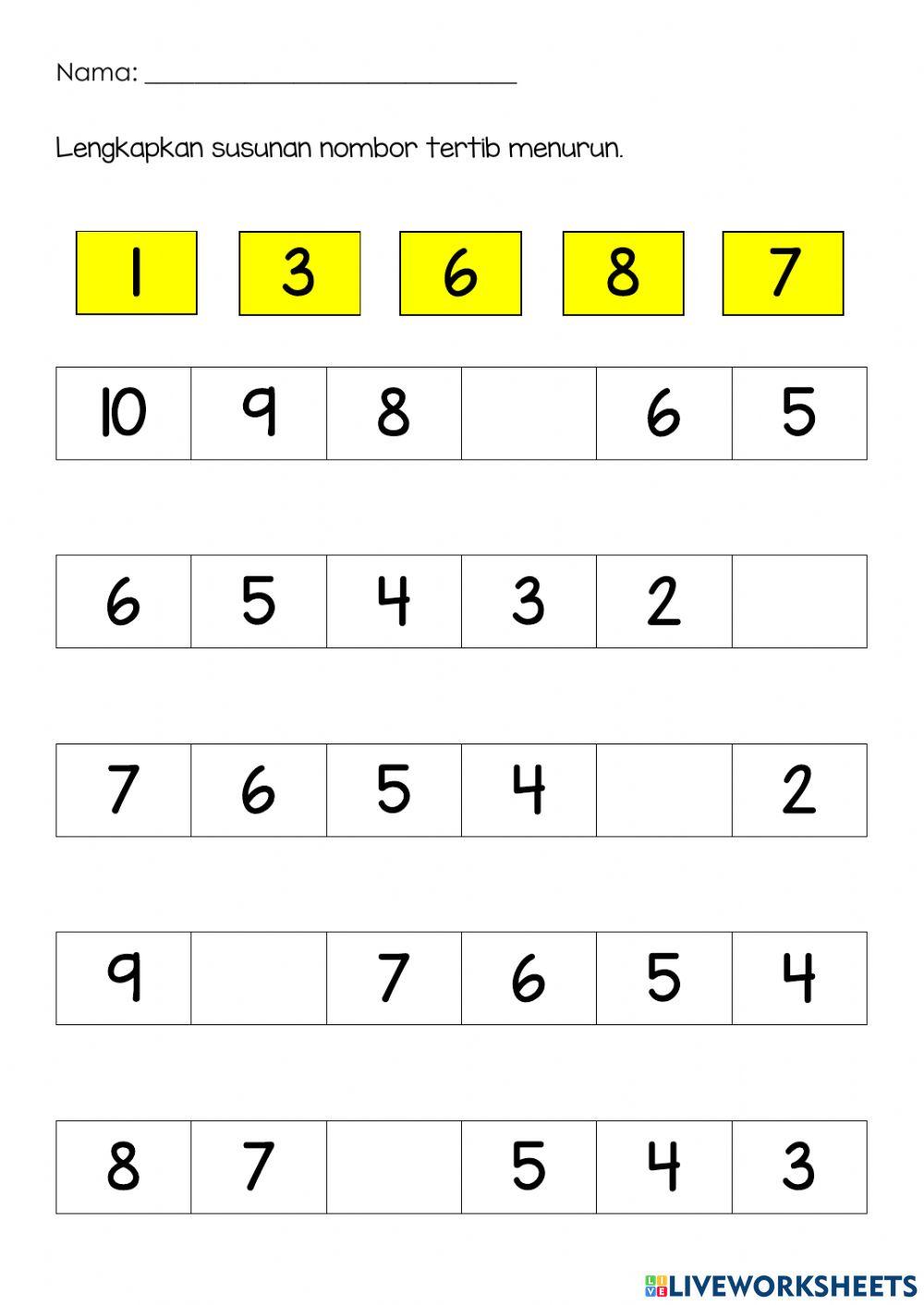 Lengkapkan Nombor Tertib Menurun