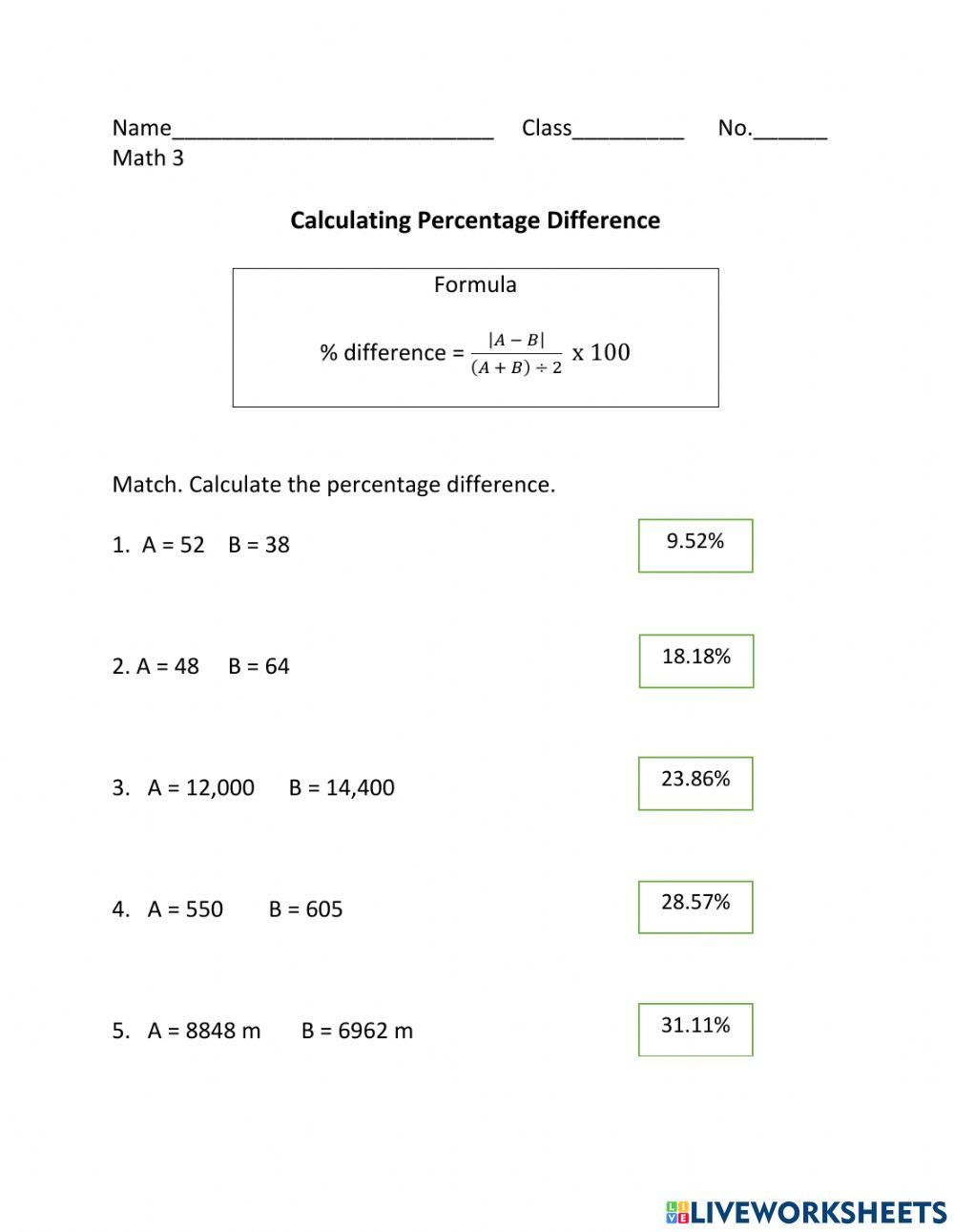 Calculating percentage difference worksheet live worksheets