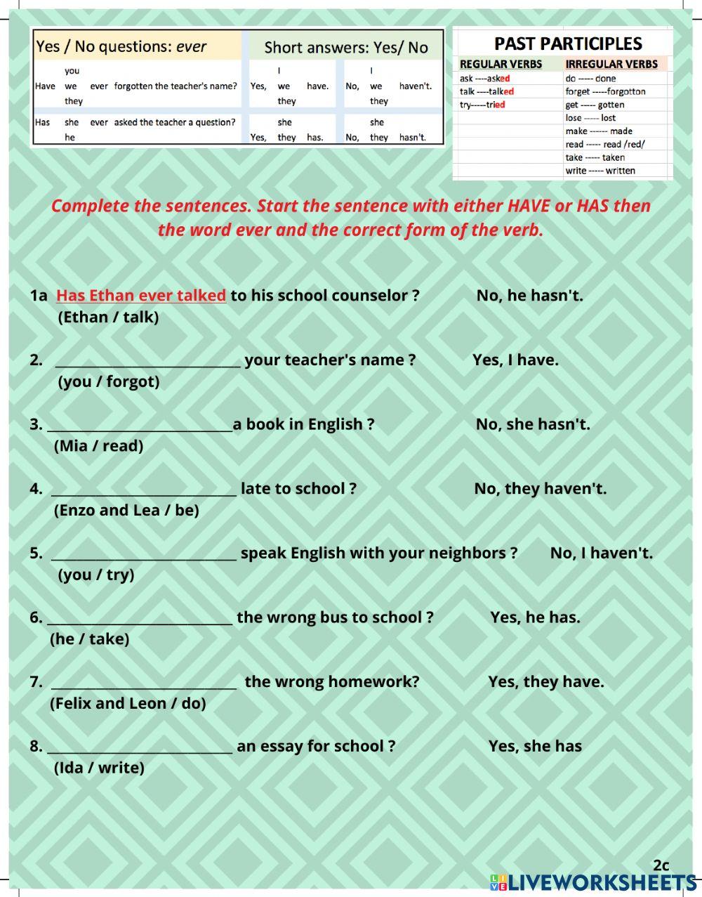 2c Questions with ever worksheet | Live Worksheets