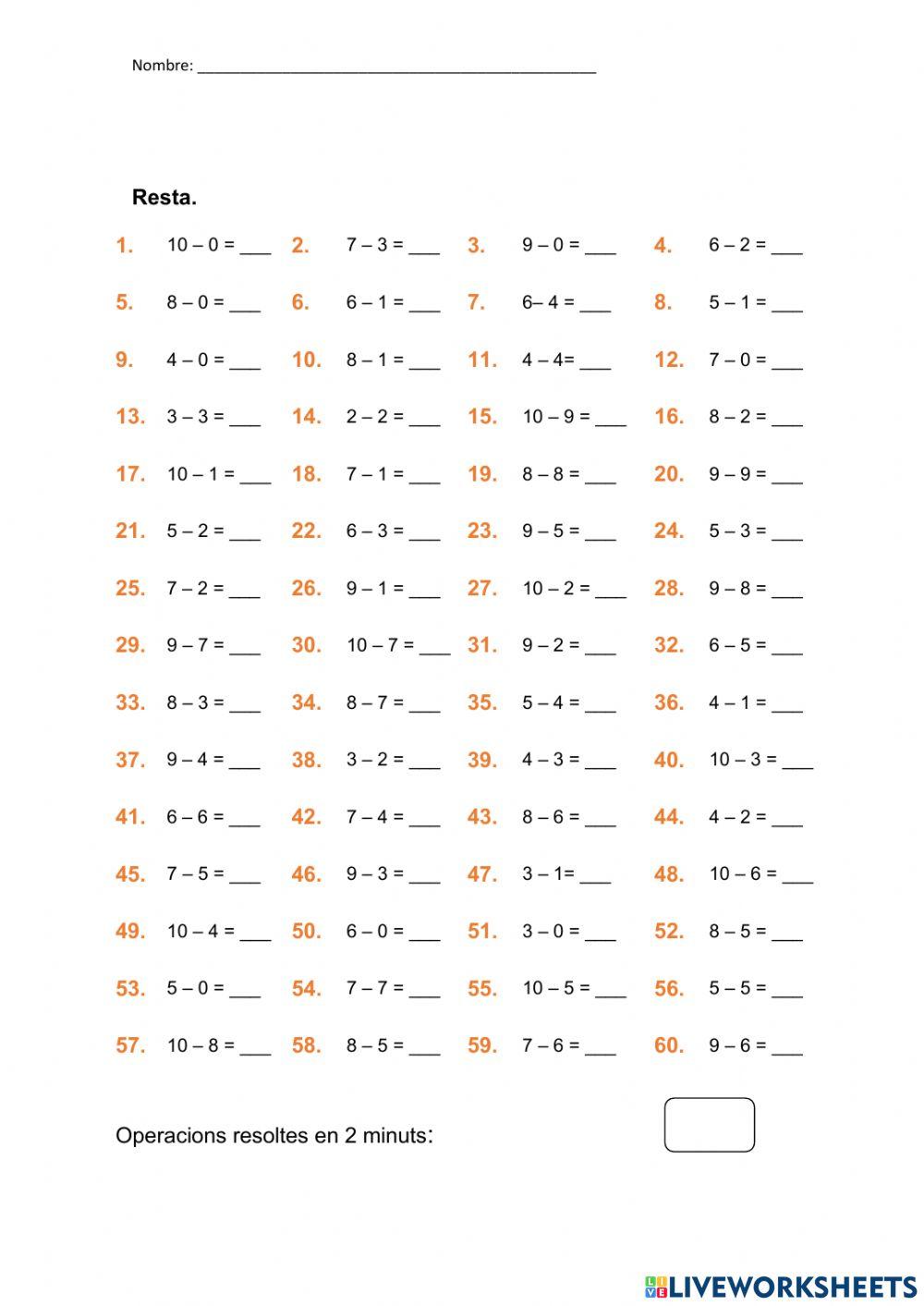 Velocidad en restas pequeñas