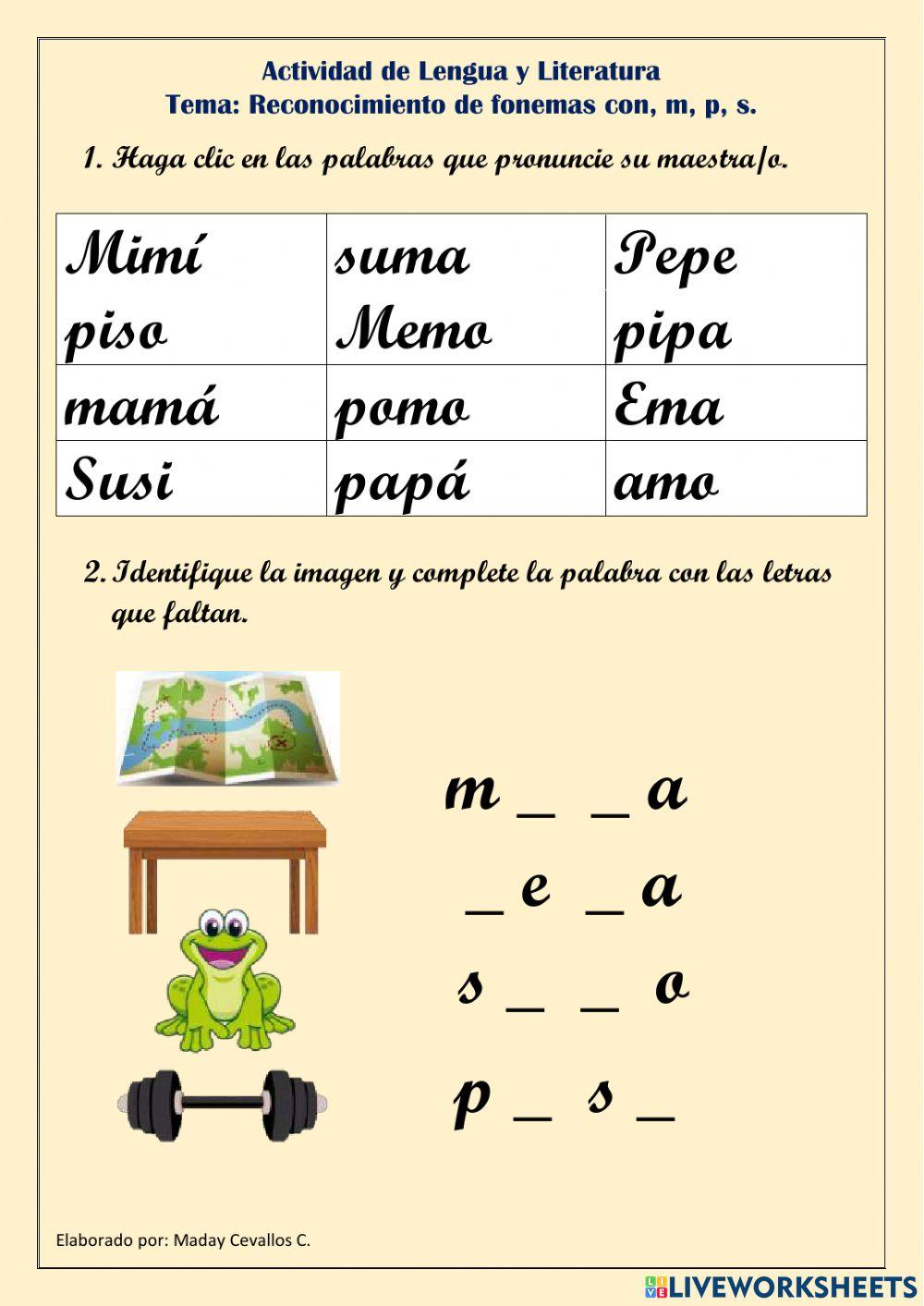 Reconocimiento de fonemas con, m, p, s.