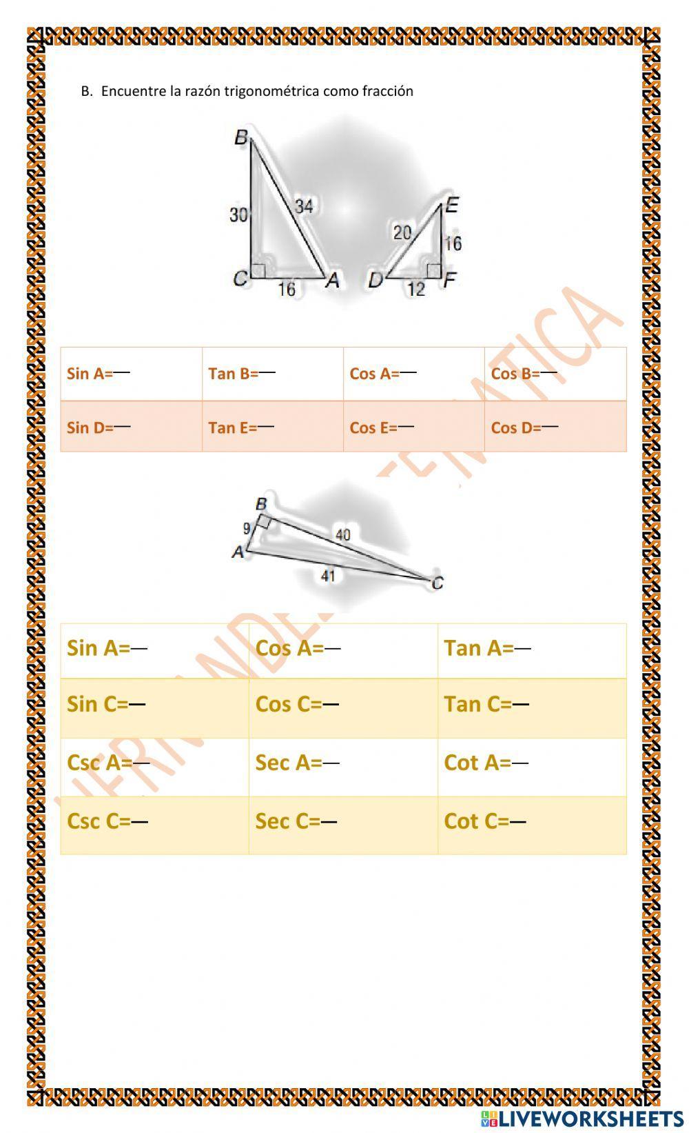 TRIG 2.A.2 Razones Trigonométricas: seno, coseno, tangente, secante, cosecante y cotangente